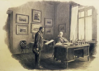 Itävallan keisari Franz Joseph I (1830-1916) kirjoituspöytänsä ääressä Jagdrockissa (lyijykynä).